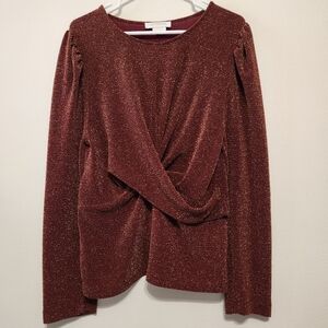 Cocobleu Metallic Gold Twist Front Long Sleeve Top